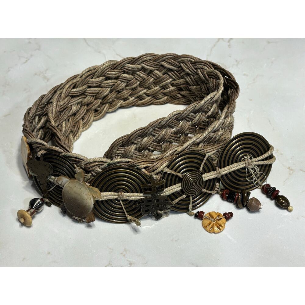 Artisan Bohemian Belt Mixed Media Braided Sash Turtle Longevity Symbol Handmade